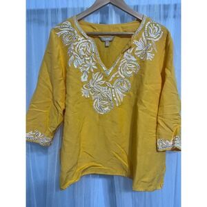 Appraisal Women 2X Yellow Embroidered V-Neck 3/4 Sleeve Tunic Top Blouse